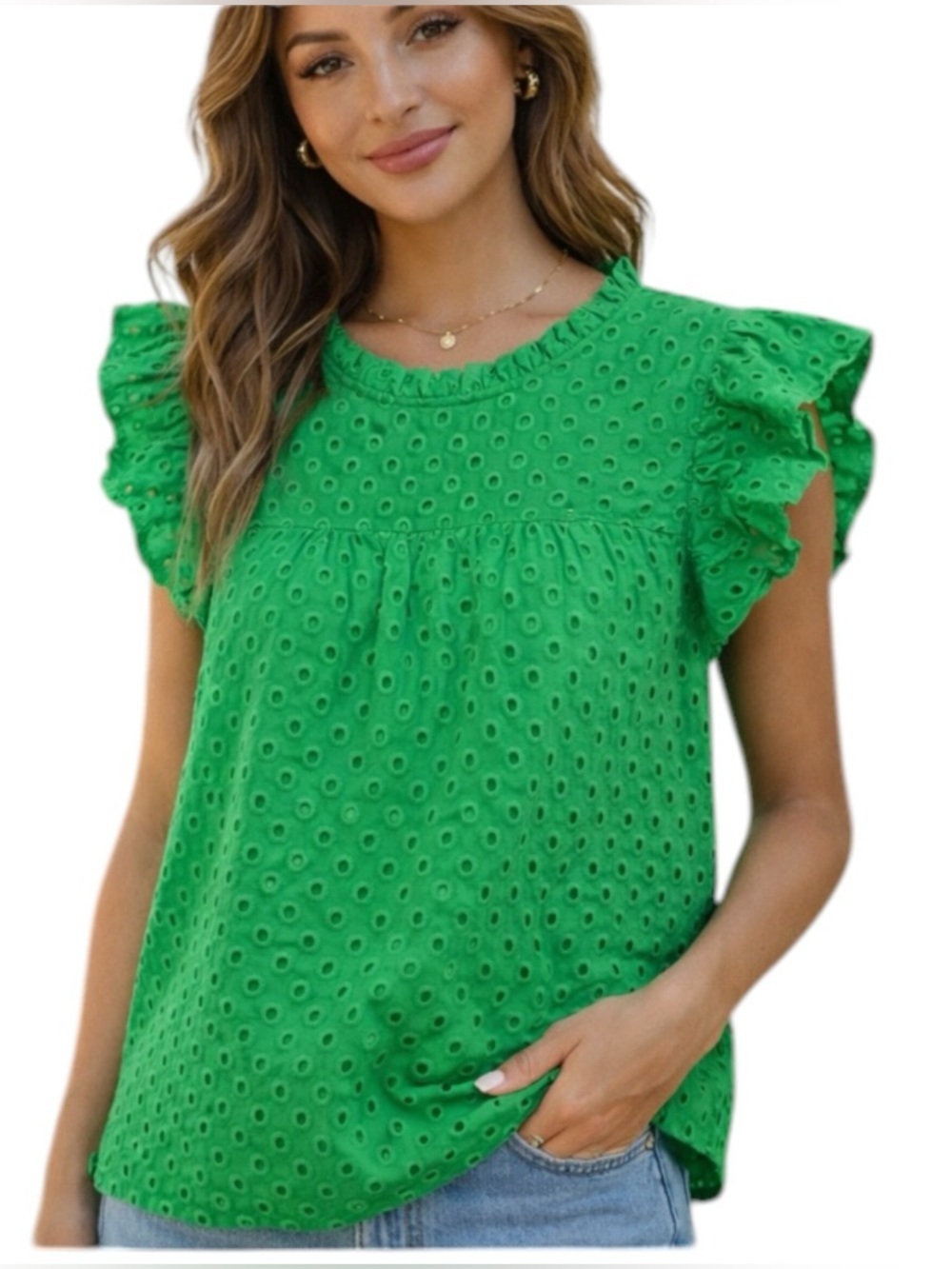 BTFBM Green Eyelet Ruffle Sleeve Blouse Top Size S